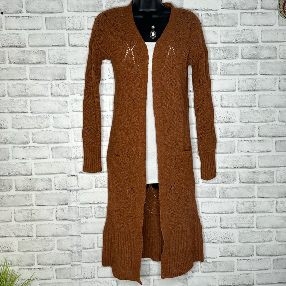 Pink Rose Long Knit Cardigan Sweater, Copper Orange Size Small Boho